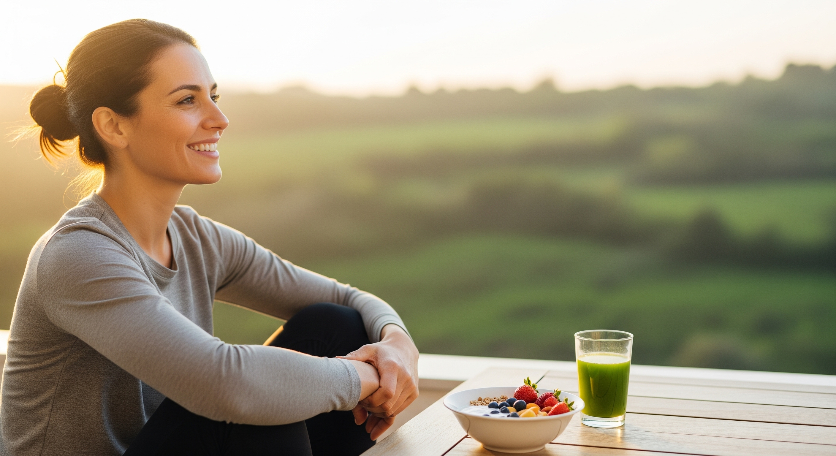 Man in sportswear enjoys a healthy smoothie on a balcony at sunrise, representing PonmeFit's holistic wellness.